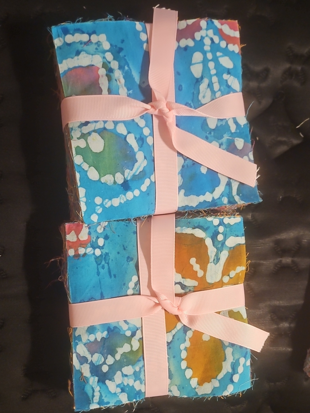 Handmade Blue Batik Fabric Bundles with Pink Ribbon 212 5x5 Blocks